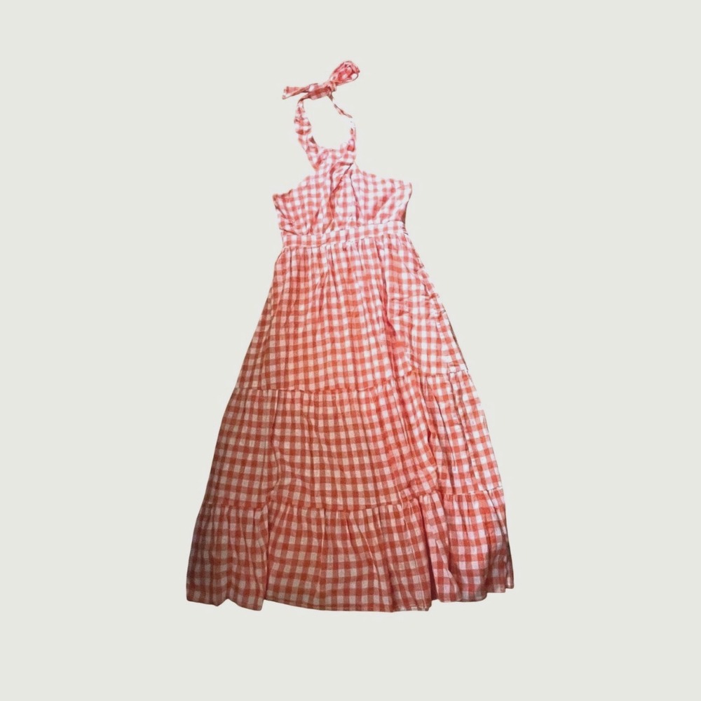 NWT Entro Gingham Maxi Dress Sundress M Orange  Farmcore Milkmaid Tiered - Picture 3 of 10